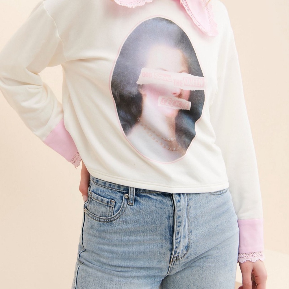 Selkie Pink and Cream Top with Lace Collar - Picture 7 of 7